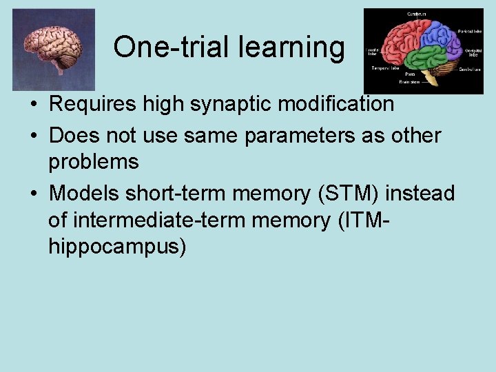 One-trial learning • Requires high synaptic modification • Does not use same parameters as