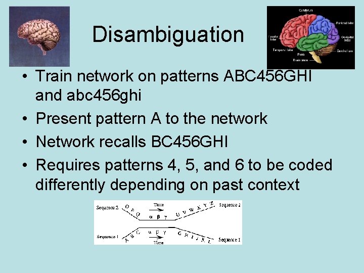 Disambiguation • Train network on patterns ABC 456 GHI and abc 456 ghi •