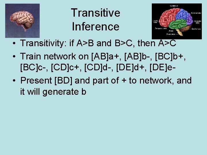 Transitive Inference • Transitivity: if A>B and B>C, then A>C • Train network on