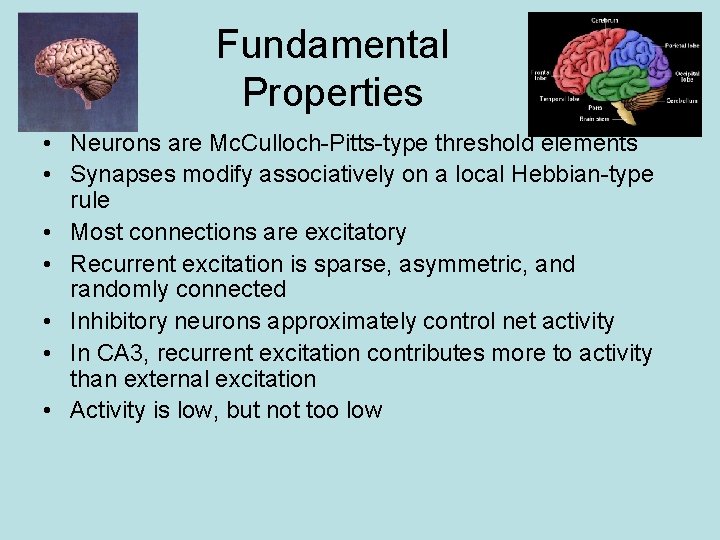Fundamental Properties • Neurons are Mc. Culloch-Pitts-type threshold elements • Synapses modify associatively on