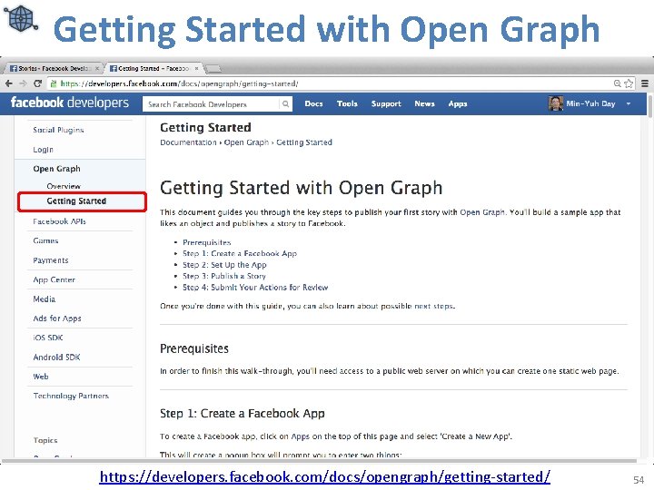 Getting Started with Open Graph https: //developers. facebook. com/docs/opengraph/getting-started/ 54 