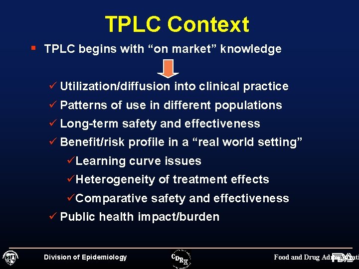 TPLC Context § TPLC begins with “on market” knowledge ü Utilization/diffusion into clinical practice