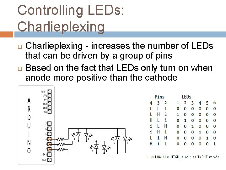 Controlling LEDs: Charlieplexing - increases the number of LEDs that can be driven by