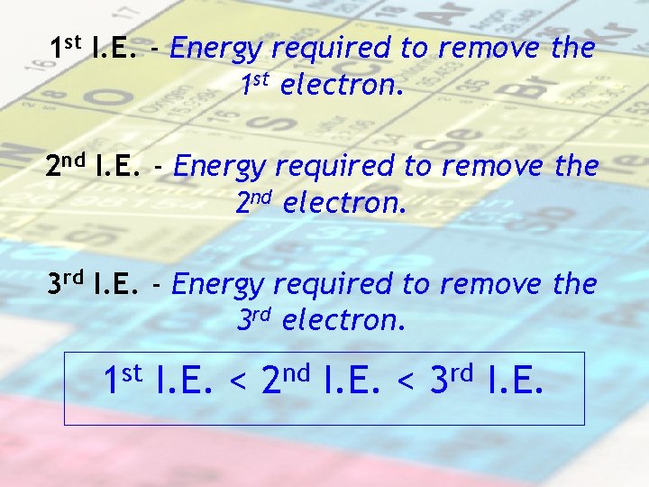 1 st I. E. - Energy required to remove the 1 st electron. 2