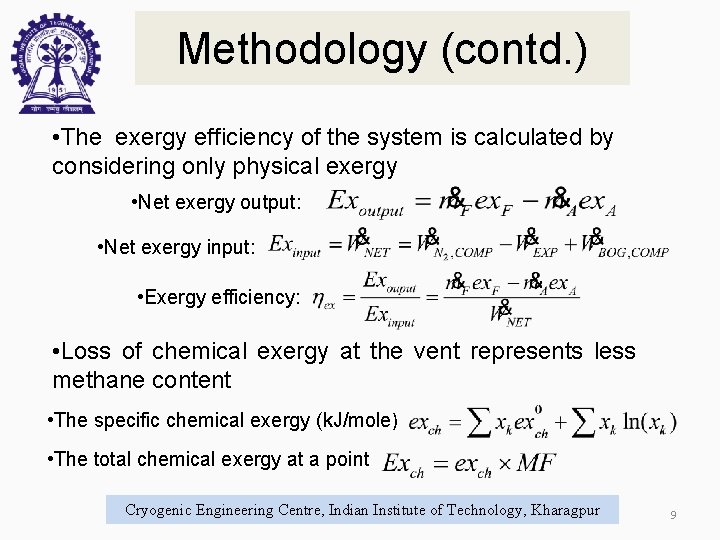 Methodology (contd. ) • The exergy efficiency of the system is calculated by considering