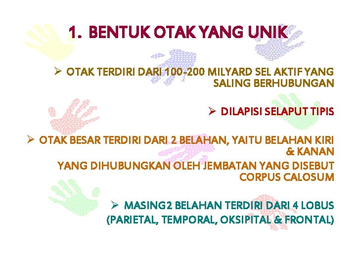 1. BENTUK OTAK YANG UNIK Ø OTAK TERDIRI DARI 100 -200 MILYARD SEL AKTIF