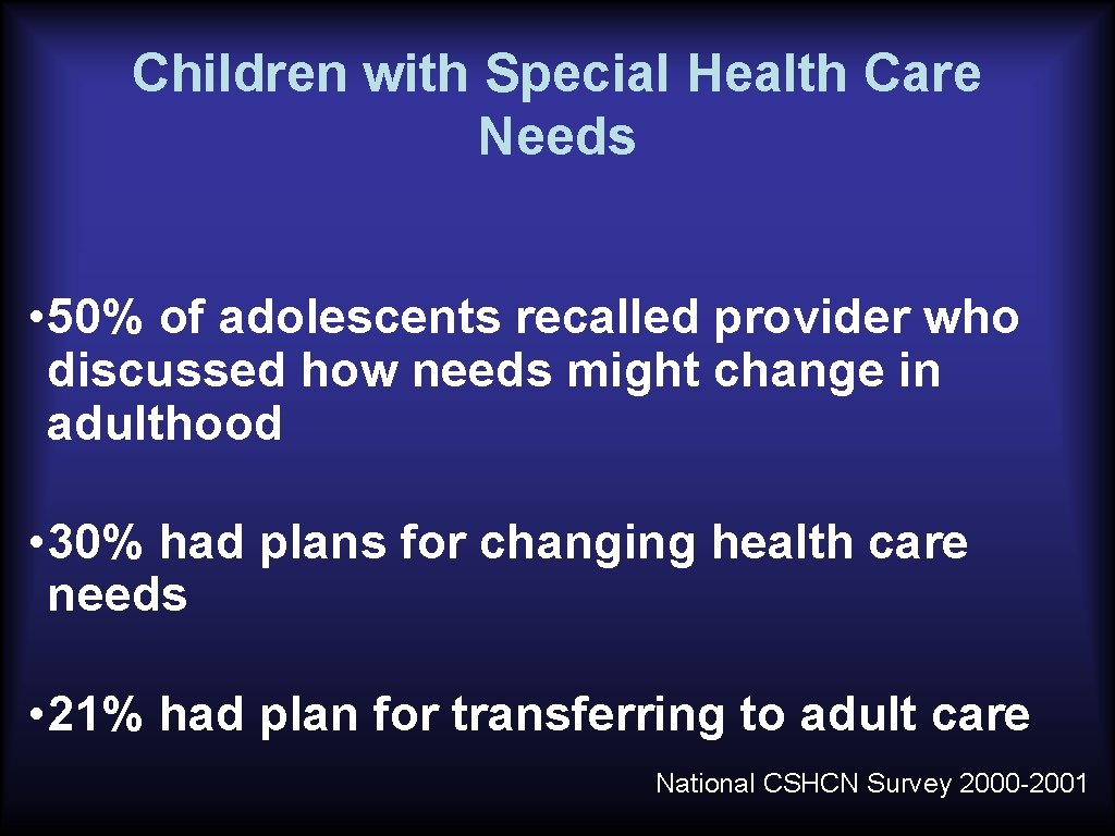 Children with Special Health Care Needs • 50% of adolescents recalled provider who discussed