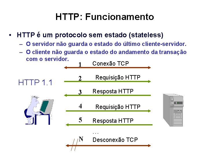 HTTP: Funcionamento • HTTP é um protocolo sem estado (stateless) – O servidor não