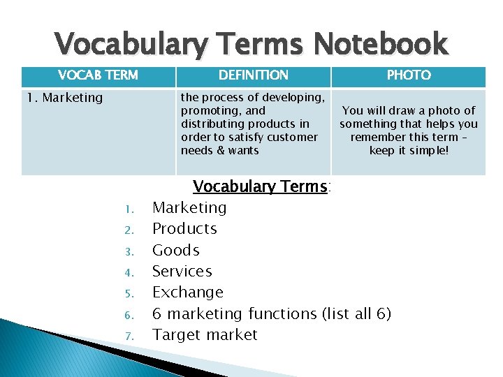 Vocabulary Terms Notebook VOCAB TERM 1. Marketing 1. 2. 3. 4. 5. 6. 7.