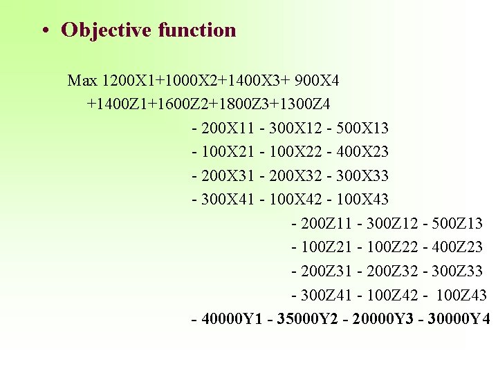  • Objective function Max 1200 X 1+1000 X 2+1400 X 3+ 900 X