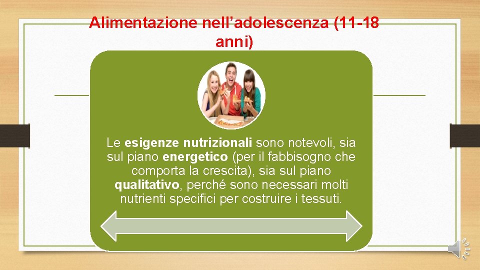 Alimentazione nell’adolescenza (11 -18 anni) Le esigenze nutrizionali sono notevoli, sia sul piano energetico