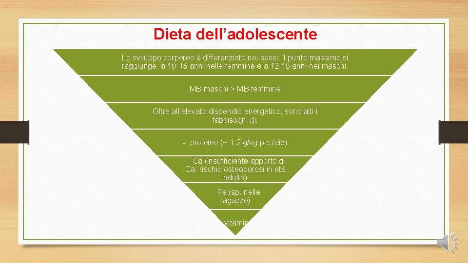 Dieta dell’adolescente Lo sviluppo corporeo è differenziato nei sessi, il punto massimo si raggiunge: