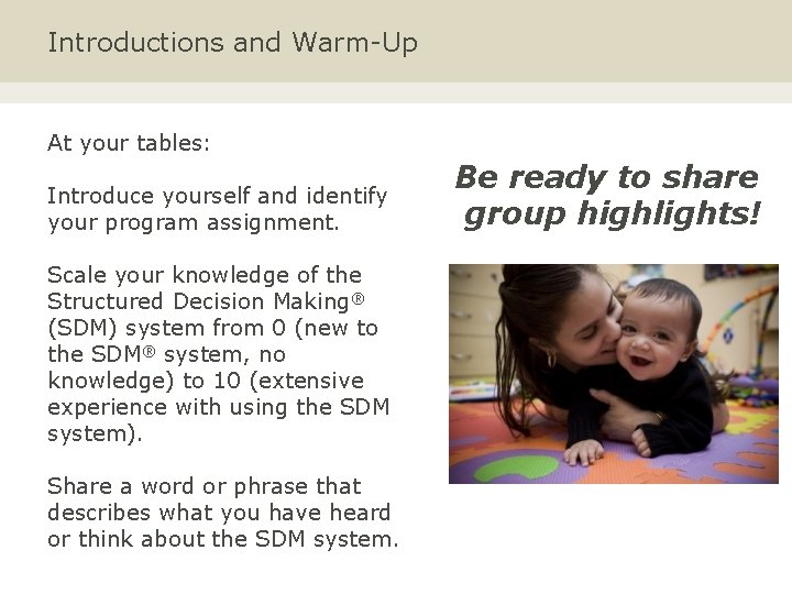 Introductions and Warm-Up At your tables: Introduce yourself and identify your program assignment. Scale