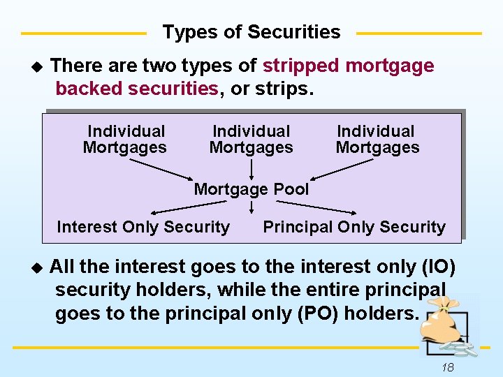 Types of Securities u There are two types of stripped mortgage backed securities, or