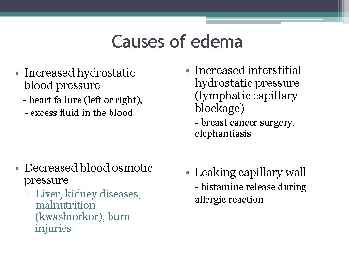 Causes of edema • Increased hydrostatic blood pressure - heart failure (left or right),