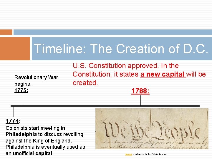 Timeline: The Creation of D. C. Revolutionary War begins. 1775: U. S. Constitution approved.