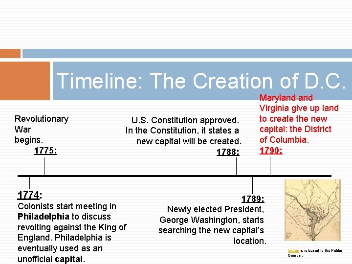 Timeline: The Creation of D. C. Revolutionary War begins. 1775: U. S. Constitution approved.