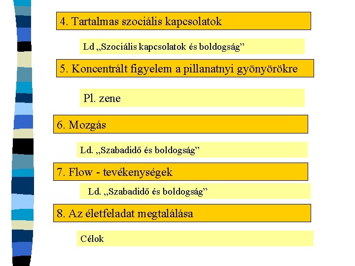 4. Tartalmas szociális kapcsolatok Ld „Szociális kapcsolatok és boldogság” 5. Koncentrált figyelem a pillanatnyi