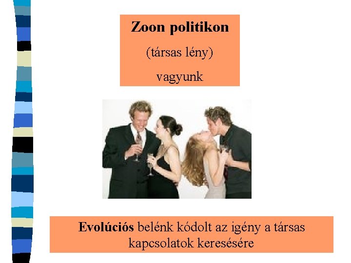 Zoon politikon (társas lény) vagyunk Evolúciós belénk kódolt az igény a társas kapcsolatok keresésére