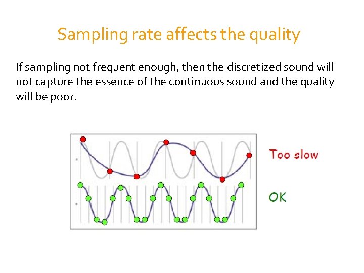 Sampling rate affects the quality If sampling not frequent enough, then the discretized sound