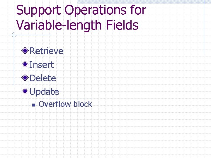 Support Operations for Variable-length Fields Retrieve Insert Delete Update n Overflow block 