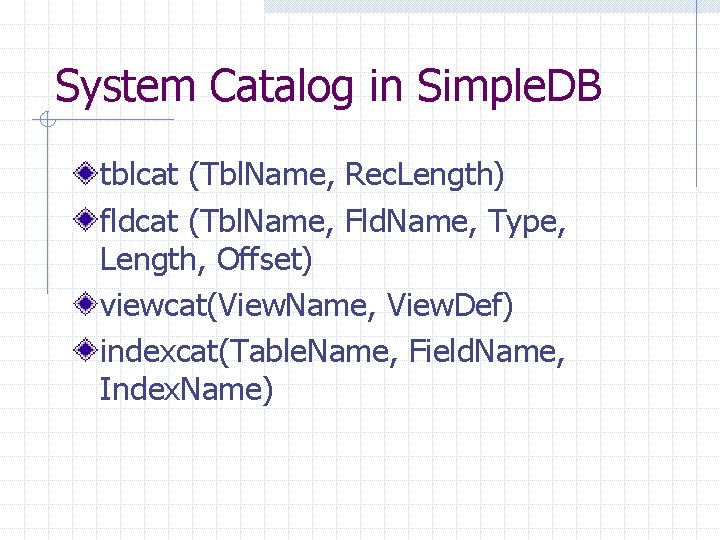 System Catalog in Simple. DB tblcat (Tbl. Name, Rec. Length) fldcat (Tbl. Name, Fld.