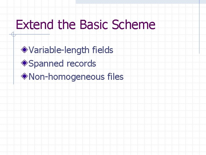 Extend the Basic Scheme Variable-length fields Spanned records Non-homogeneous files 
