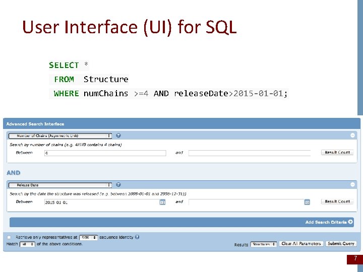 User Interface (UI) for SQL SELECT * FROM Structure WHERE num. Chains >=4 AND