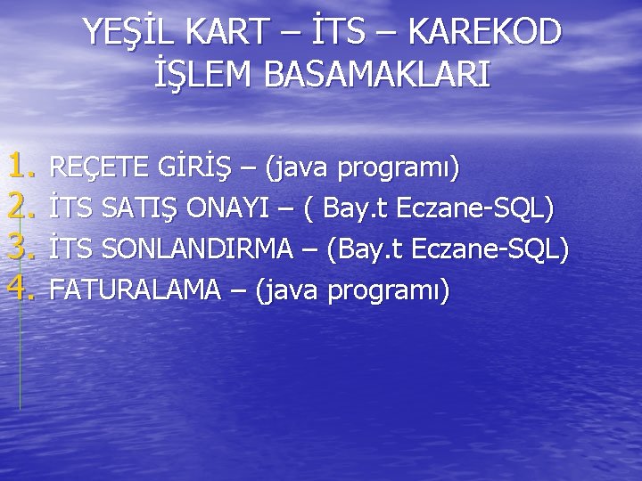 YEŞİL KART – İTS – KAREKOD İŞLEM BASAMAKLARI 1. 2. 3. 4. REÇETE GİRİŞ