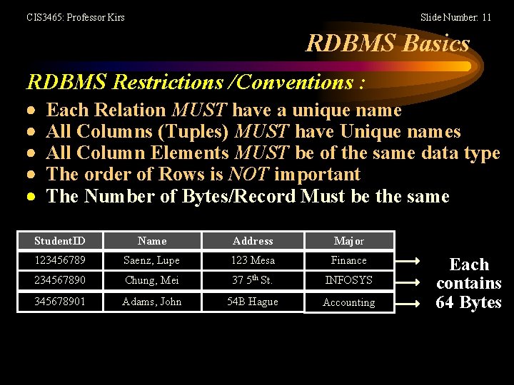 CIS 3465: Professor Kirs Slide Number: 11 RDBMS Basics RDBMS Restrictions /Conventions : Each