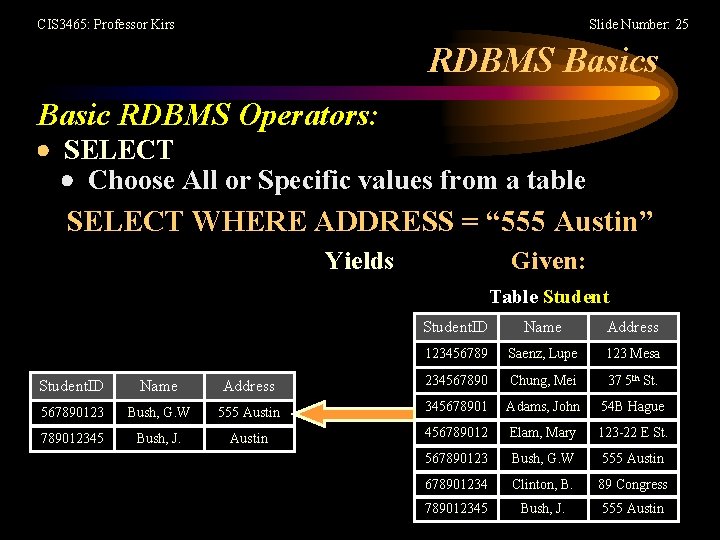 CIS 3465: Professor Kirs Slide Number: 25 RDBMS Basics Basic RDBMS Operators: SELECT Choose