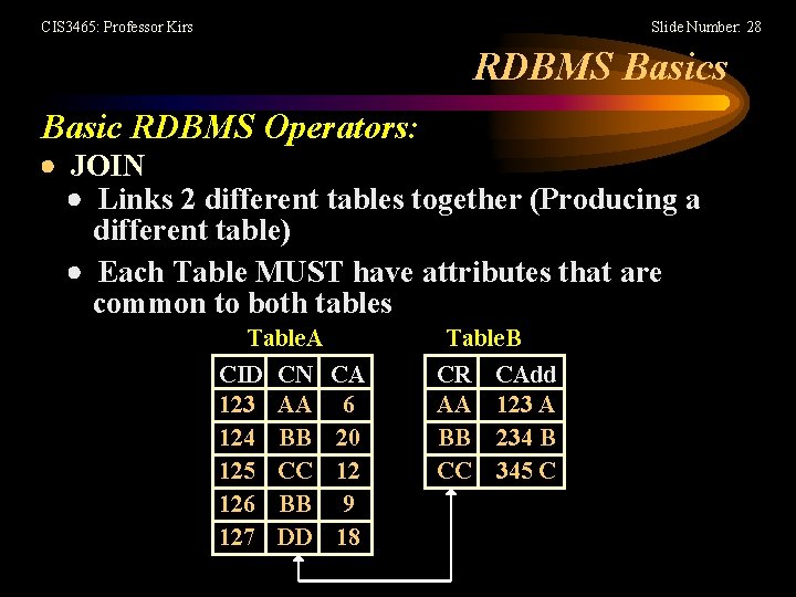 CIS 3465: Professor Kirs Slide Number: 28 RDBMS Basics Basic RDBMS Operators: JOIN Links