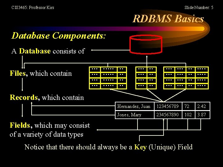 CIS 3465: Professor Kirs Slide Number: 5 RDBMS Basics Database Components: A Database consists