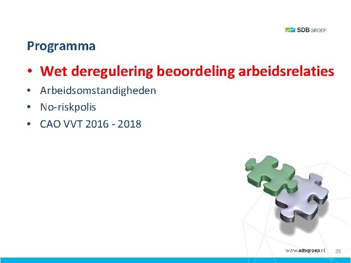 Programma • Wet deregulering beoordeling arbeidsrelaties • Arbeidsomstandigheden • No-riskpolis • CAO VVT 2016