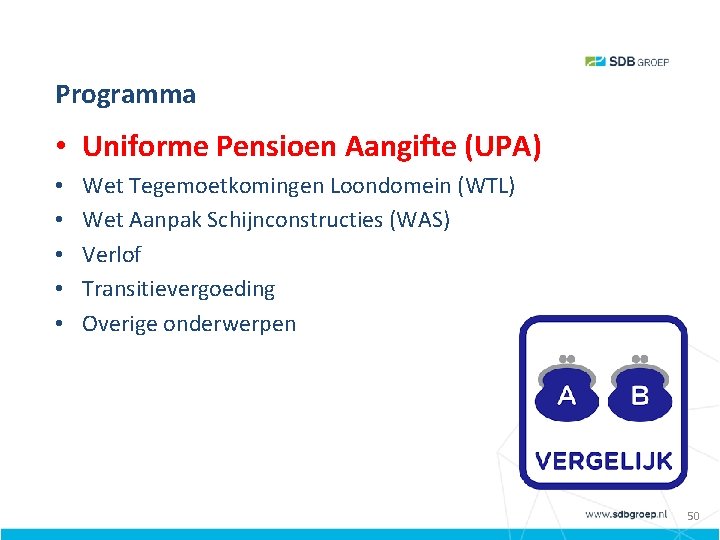 Programma • Uniforme Pensioen Aangifte (UPA) • • • Wet Tegemoetkomingen Loondomein (WTL) Wet