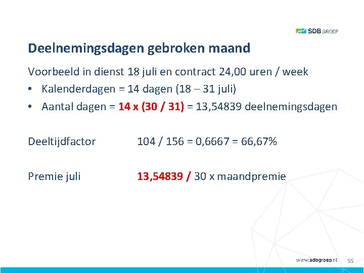 Deelnemingsdagen gebroken maand Voorbeeld in dienst 18 juli en contract 24, 00 uren /