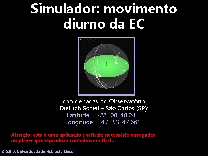 Simulador: movimento diurno da EC coordenadas do Observatório Dietrich Schiel – São Carlos (SP):