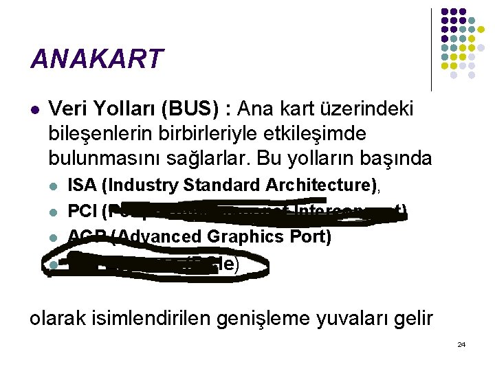 ANAKART l Veri Yolları (BUS) : Ana kart üzerindeki bileşenlerin birbirleriyle etkileşimde bulunmasını sağlarlar.