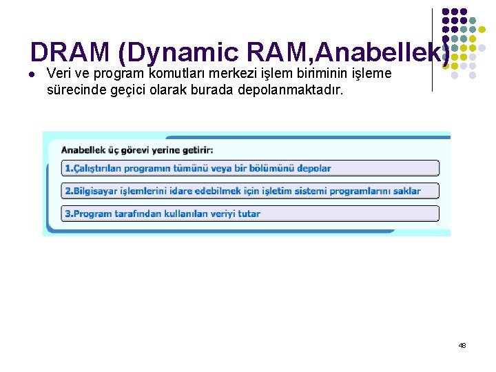 DRAM (Dynamic RAM, Anabellek) l Veri ve program komutları merkezi işlem biriminin işleme sürecinde