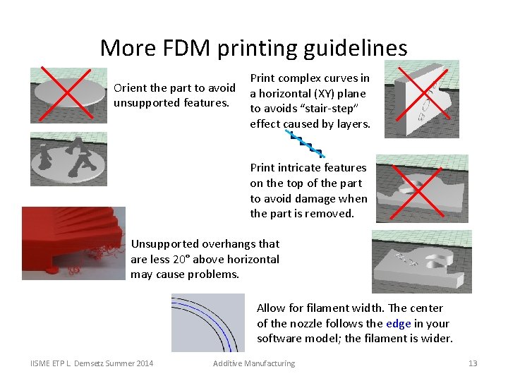 More FDM printing guidelines Orient the part to avoid unsupported features. Print complex curves