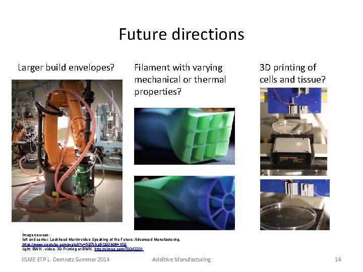 Future directions Larger build envelopes? Filament with varying mechanical or thermal properties? 3 D