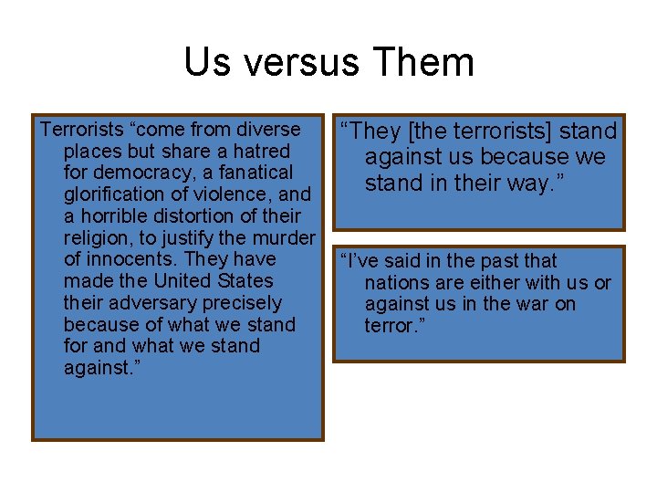 Us versus Them Terrorists “come from diverse places but share a hatred for democracy,