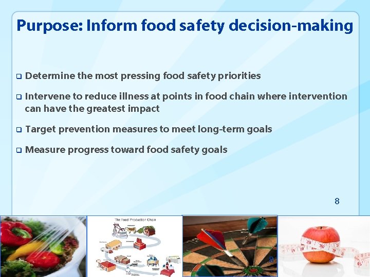 Purpose: Inform food safety decision-making q Determine the most pressing food safety priorities q