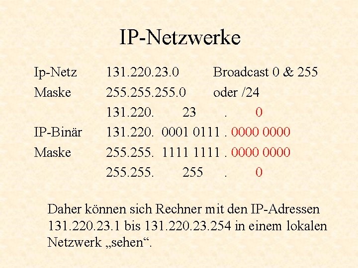 IP-Netzwerke Ip-Netz Maske IP-Binär Maske 131. 220. 23. 0 Broadcast 0 & 255. 0