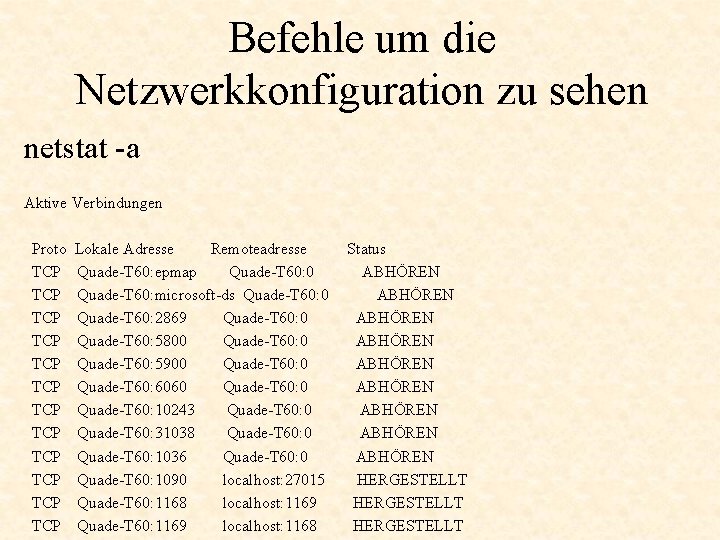 Befehle um die Netzwerkkonfiguration zu sehen netstat -a Aktive Verbindungen Proto TCP TCP TCP