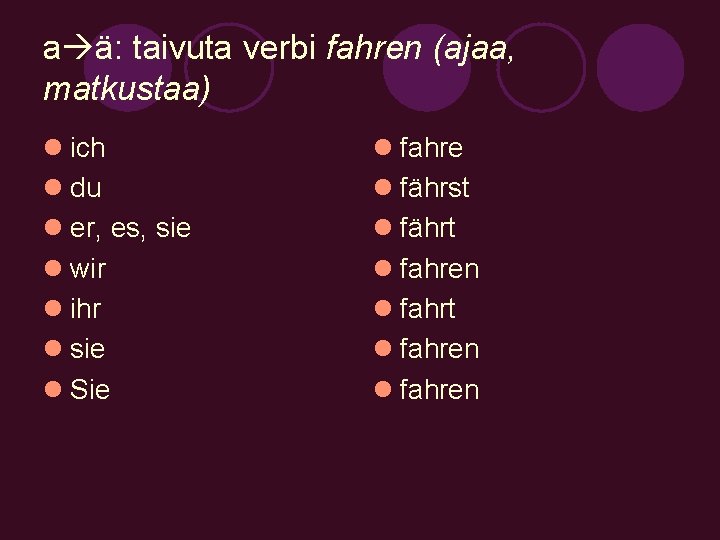a ä: taivuta verbi fahren (ajaa, matkustaa) l ich l du l er, es,