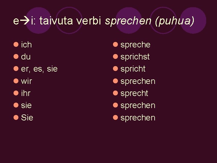 e i: taivuta verbi sprechen (puhua) l ich l du l er, es, sie