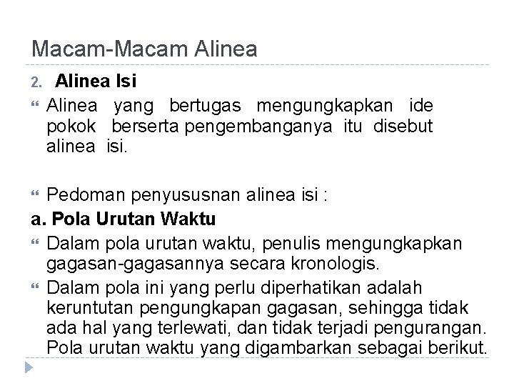 Macam-Macam Alinea 2. Alinea Isi Alinea yang bertugas mengungkapkan ide pokok berserta pengembanganya itu