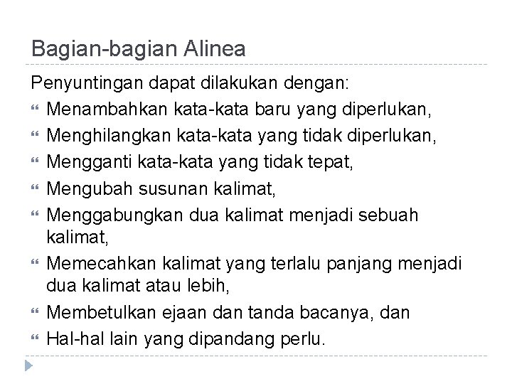 Bagian-bagian Alinea Penyuntingan dapat dilakukan dengan: Menambahkan kata-kata baru yang diperlukan, Menghilangkan kata-kata yang