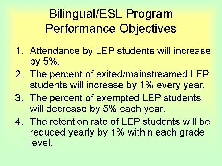 Bilingual/ESL Program Performance Objectives 1. Attendance by LEP students will increase by 5%. 2.